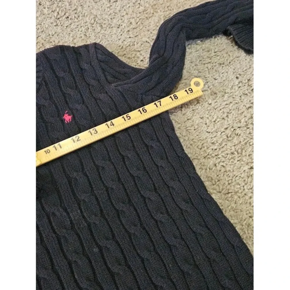 Ralph Lauren Cable Knit Ruffle Button Sweater Girl Size Large Navy Blue Cotton